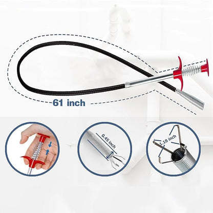 Drain Snake 61Inch, Unclog Drain Tool for Bathroom Sink, Shower, Bathtub, Car & Tight Spaces,Flexible Sink Snake Drain Cleaner Tool Set, Sink Declogger, Hair Puller from Drain (61inch)