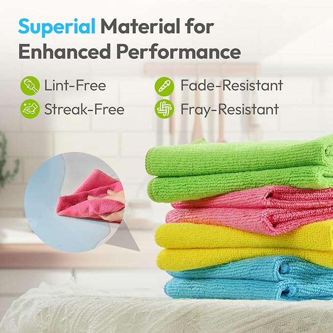 Microfiber Cleaning Cloth 12 Pack, 12x12 Inch Reusable Kitchen Dish Towels, Super Absorbent Soft Cleaning Rags for House, Window, Glass, Bathroom and Countertop (Assorted Colors)