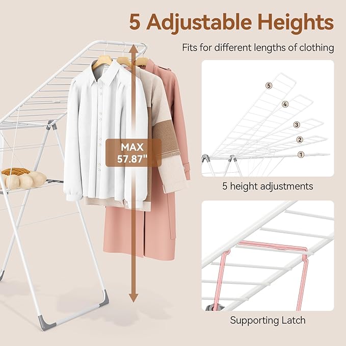 APEXCHASER Clothes Drying Rack, Foldable Drying Rack Clothing, Sturdy Metal Laundry Drying Rack, Height-Adjustable Gullwing, Easy to Fold, Space-Saving, for Indoor Outdoor, White
