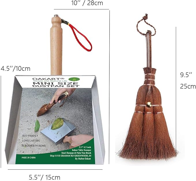 Mini Metal Dustpan and Brush Set, Natural Bristle Palm Broom, Stainless Steel Pan, Heat-Safe for Fireplace Ash Cleaning, Anti-Static, Eco-Friendly