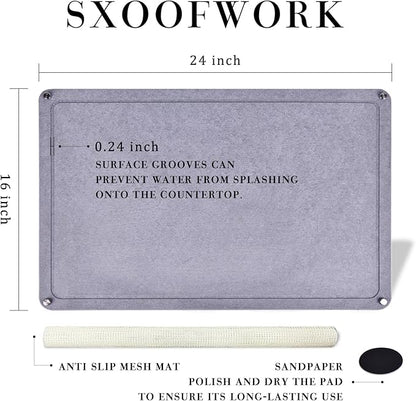 Large Diatomaceous Earth Stone Dish Drying Mats for Kitchen Counter,24"×16",Quick Drying,with 4 Non-Slip Stainless Steel Feet, Suitable for Various Countertops, Bowl Racks, Dark Grey