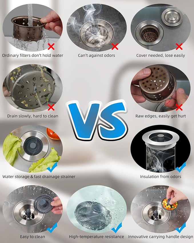 Hibbent Upgraded 3 in 1 Kitchen Sink Drain Strainer and Stopper Combo, Stainless Steel Metal Pop Up Sink Stopper, 3 Anti-Clogging Basket Strainer with Handle for US Standard 3-1/2 Inch Drain