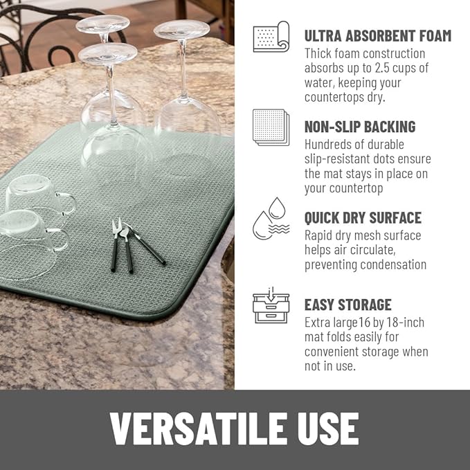 Bellemain XXL Dish Mat Microfiber Dish Drying Mat, Super absorbent (Green, 16" x 18")