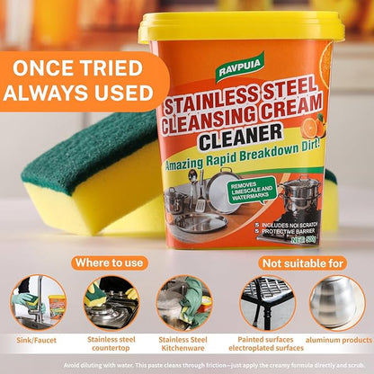 STAINLESS STEEL CLEANER & POLISH - Heavy Duty Cleaning Paste for Stove, Oven, Pans, Cookware, Sink | All Purpose Multi-Purpose Household Cleaner | Removes Grease & Stains | with 2 Sponges (500g)