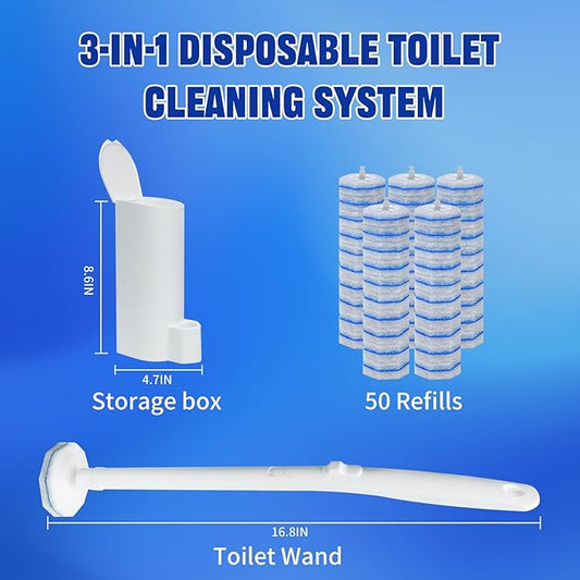 Disposable Toilet Brush and Holder Set, with 50 PCS Toilet Wand refills for Clorox, Wall Mounted Disposable T-oilet Bowl Wand Kit, for Bathroom, Sink & Bathtub, Touchless T-oilet Cleaning System