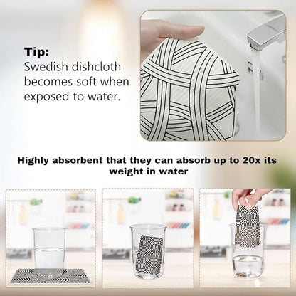 Swedish Dishcloths 6 Pack Reusable No Odor, Geometric Towels Kitchen Absorbent Cellulose Sponge Cloths, Washable Kitchen Dish Cloths for Dish Washing, Eco Home Cleaning