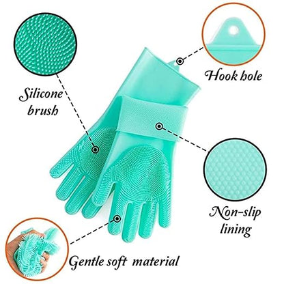 Dishwashing Gloves Cleaning Silicone Gloves with Cleaning Cloth Kitchen Accessories Dish Scrubber, Waterproof Cleaning (1 Pairs Green, 1 sponge)