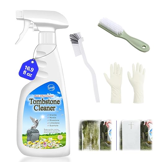 SnowLily Headstone Cleaner for Graves,Granite Cleaner & Stone Renewer, Formulated to Clear Moss & Stains from Quartz, Tile & Slate | Includes 4 Pcs Tool Kit | 16.9 OZ
