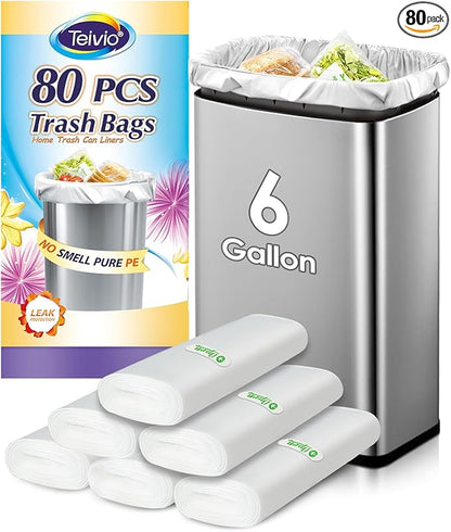 Teivio 6 Gallon 80 Counts Medium Garbage Bags Trash Bags, Bathroom Trash Can Bin Liners, Plastic Bags for home office kitchen,Garden Outdoors waste,Clear