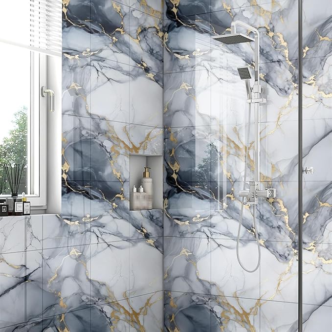Chejiaye 22pcs Marble Peel and Stick Backsplash Surface Waterproof Wall Panels,Self-Adhesive Marble PVC Foam Wall Panels for Kitchen, Bathroom - 11.8"x11.8" Kitchen Tile(Not Real Tiles,Blue)