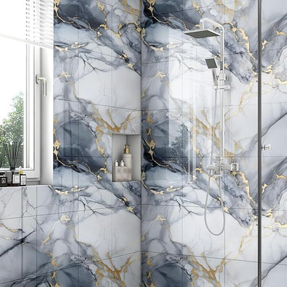 Chejiaye 22pcs Marble Peel and Stick Backsplash Surface Waterproof Wall Panels,Self-Adhesive Marble PVC Foam Wall Panels for Kitchen, Bathroom - 11.8"x11.8" Kitchen Tile(Not Real Tiles,Blue)