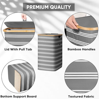 BALEINE Laundry Hamper with Lid, Tall Laundry Baskets with Bamboo Pull Handles, Large Laundry Bin with Internal Support (18 Gal/70L, Grey Pinstripe)