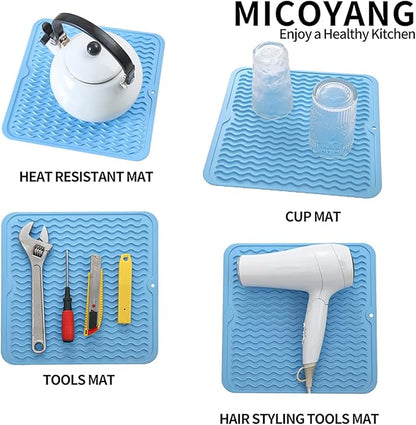 MicoYang Silicone Dish Drying Mat for Multiple Usage,Easy clean,Eco-friendly,Heat-resistant Silicone Mat for Kitchen Counter or Sink,Refrigerator or Drawer liner Light Blue M 12 inches x 12 inches
