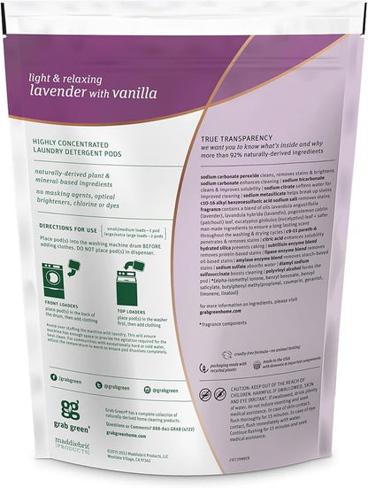 Grab Green Natural 3 in 1 Laundry Detergent Pods, Lavender + Vanilla-With Essential Oils, 24 Loads, Organic Enzyme-Powered, Plant & Mineral-Based, 13.5 Ounce