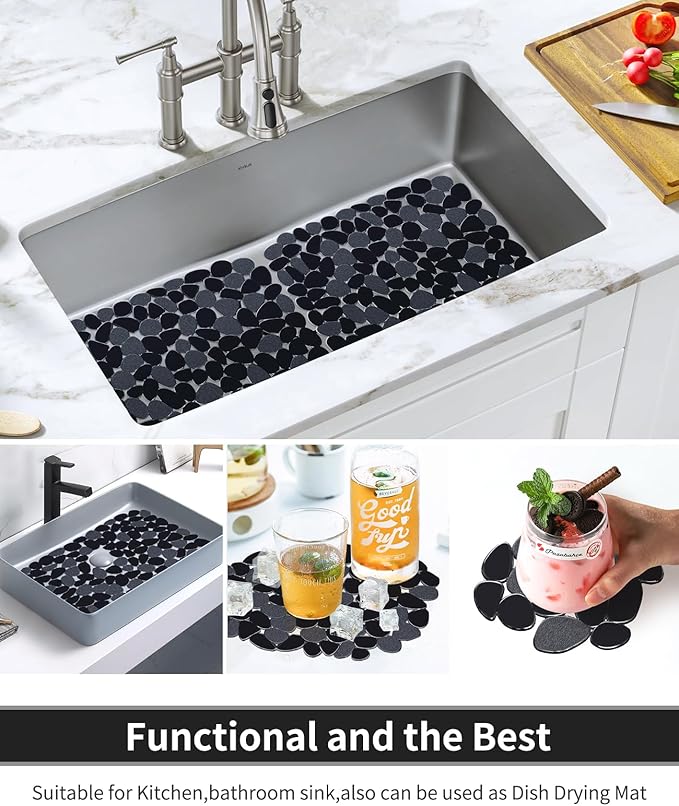 Bligli Pebble Sink Mat for Stainless Steel/Ceramic Sinks, 2 Pack PVC Sink Protectors Mats for Bottom of Kitchen Sink, Dish Drying Mat for Dishes and Glassware, 15.7 x 11.8 inch, Black