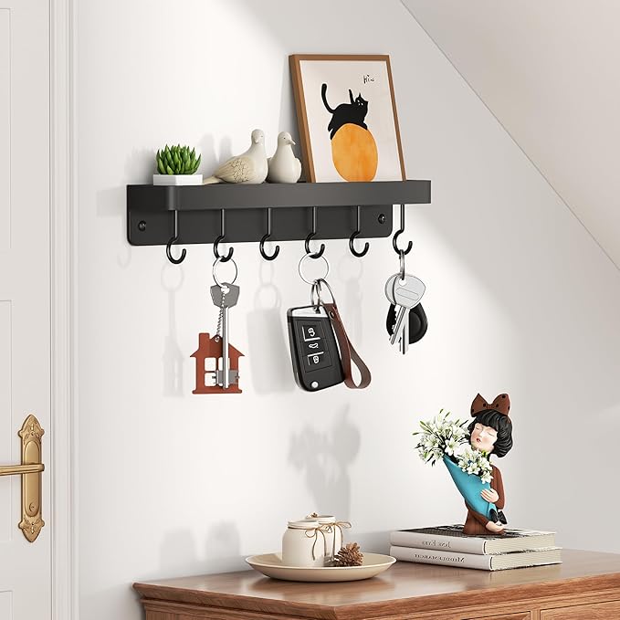 niffgaff Black Key Holder Wall Mount, Stainless Steel Self Adhesive Hooks Rack with Shelf, No Drill Key Hanger for Door and Wall