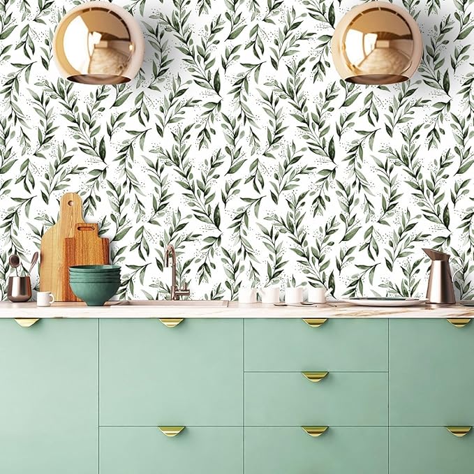 Livebor Green Leaf Wallpaper Peel and Stick Olive Leaf Contact Paper 17.7inch x 118.1inch Green Peel and Stick Wallpaper Modern Farmhouse Wall Paper for Bathroom Neutral Sage Decorative Vinyl