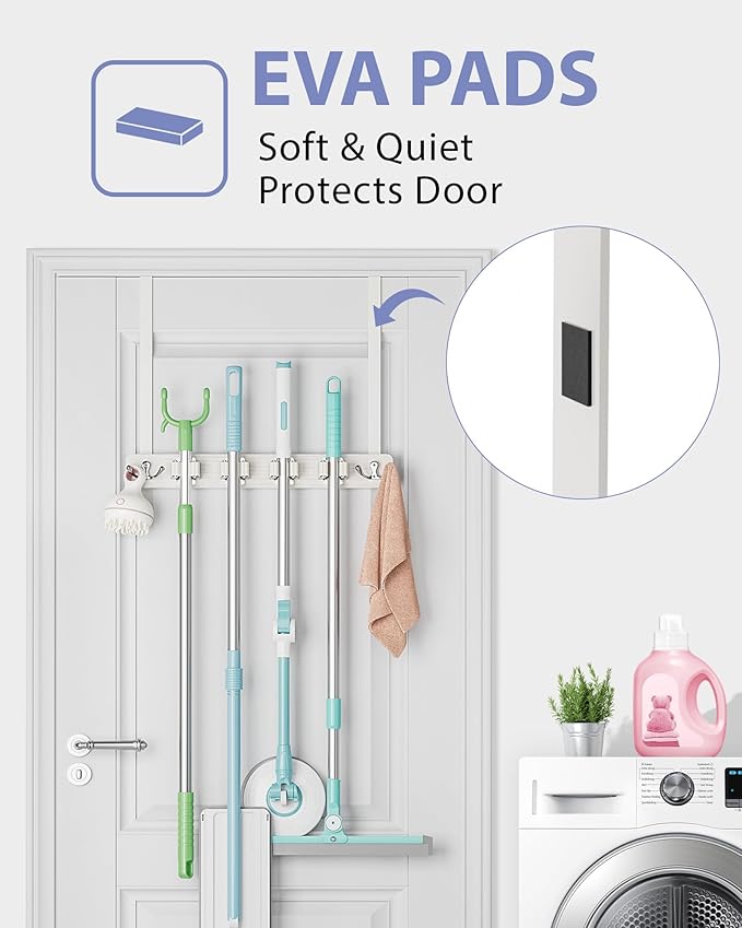 FANGSUN Broom Holder Door Mount Hanging, Over The Door Broom and Mop Organizer with 4 Slots and 4 Hooks, Wooden Tool Rack Storage Hanger for Laundry, Closet, Garage, No Drills