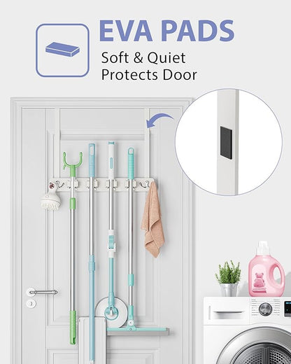 FANGSUN Broom Holder Door Mount Hanging, Over The Door Broom and Mop Organizer with 4 Slots and 4 Hooks, Wooden Tool Rack Storage Hanger for Laundry, Closet, Garage, No Drills
