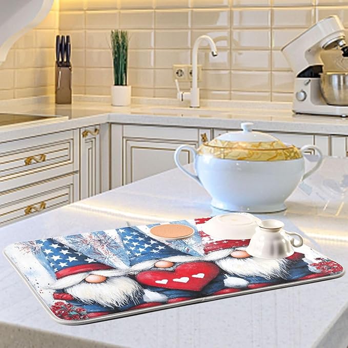 Three Cute Gnomes Pattern Dish Drying Mat for Kitchen Counter Super Absorbent Drying Mat 16x18 inch Large Dish Drying Matts for Countertop Protector Dishes Pad
