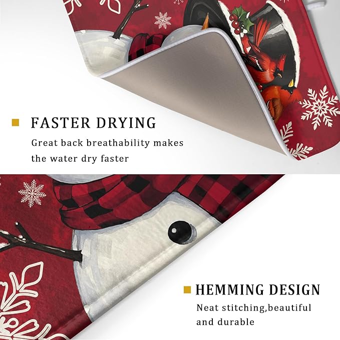 Christmas Snowman Dish Drying Mat for Kitchen Counter 18x24 Xmas Snowflake Winter Holiday Dark Red Absorbent Reversible Microfiber Drying Mats Kitchen Countertop Protector Dishes Drainer Rack Pad