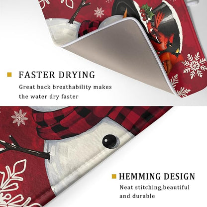 Christmas Snowman Dish Drying Mat for Kitchen Counter 18x24 Xmas Snowflake Winter Holiday Dark Red Absorbent Reversible Microfiber Drying Mats Kitchen Countertop Protector Dishes Drainer Rack Pad