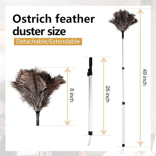 Extendable Ostrich Feather Duster 26-49 Inch, Natural Cleaning Duster with Aluminum Extension Pole Reusable for High Ceilings, Fans, Blinds, Furniture, Interior & Roof Dusting