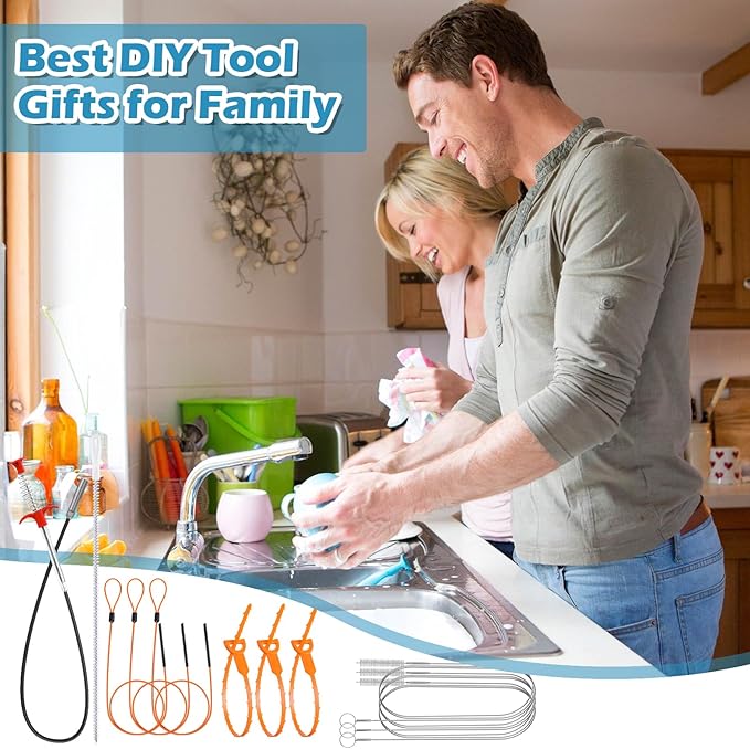 11in1 Drain Snake Set with 24 inch Magnetic Sewer Cleaning Hook, 25 Inch Sink Snake Drain Tool, 34 inch Steel Snake Drain, 59 Inch Tube Drain Brush, 18inch Cleaning Brush for Toilet, Kitchen Sink
