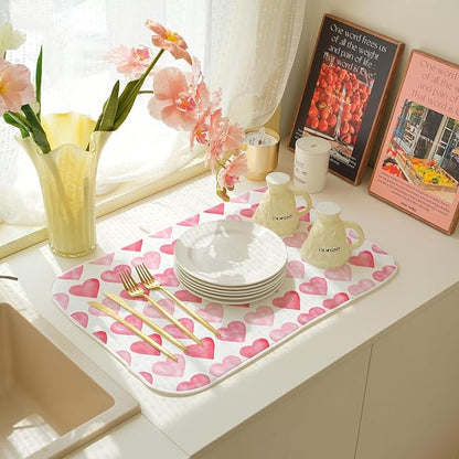 Valentines Day Dish Drying Mats 18x24 Inch Love Pink Heart Drying Mats Anniversary Mother's Day Holiday Valentines Decorations Absorbent Drying Dish Mats for Kitchen Dining Room Counter Decor