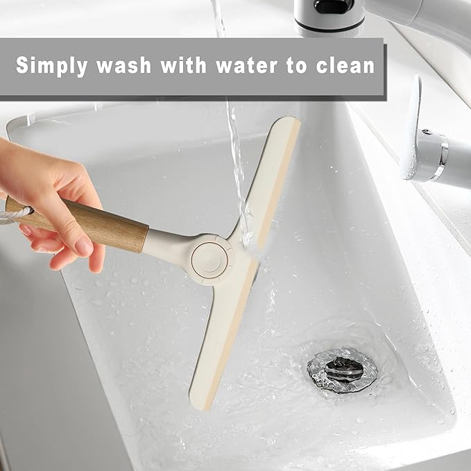 Show Squeegee for Glass Door Bathroom Squeegee with Bamboo Handle Show Wiper for Glass Door Window Tile Wall Car Windshield Mirror (Off White)