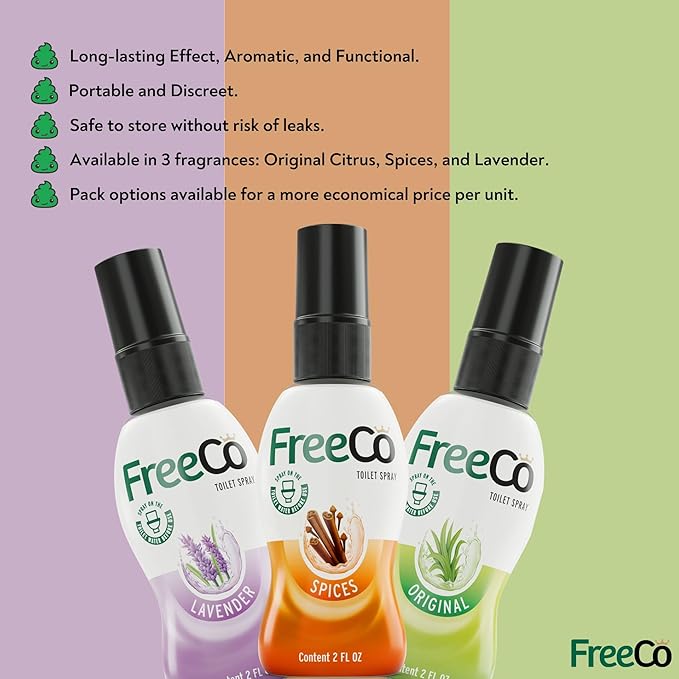 Freeco Before-you-go Toilet Spray | Stops odour Before it Begins with Essential Oils | Ideal for Home, Office, Public Spaces & Travel | Pack 2x60ml, (Pack of 2, Citrus, Lavender)