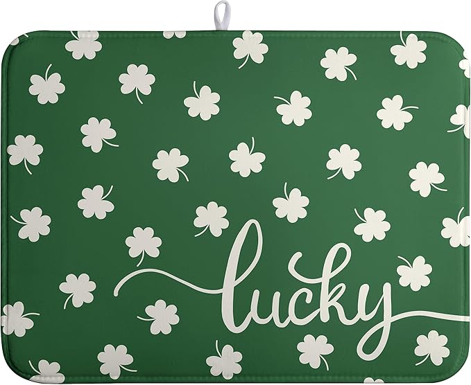 St Patricks Day Lucky Clover Dish Drying Mats for Kitchen Counter Green White Shamrock Dish Drying Pad St Patrick Microfiber Absorbent Reusable Washable Large Dishes Drying Mat 18x24 Inch