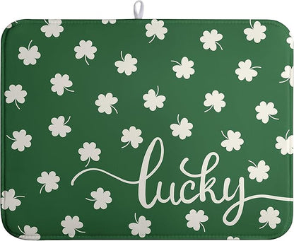 St Patricks Day Lucky Clover Dish Drying Mats for Kitchen Counter Green White Shamrock Dish Drying Pad St Patrick Microfiber Absorbent Reusable Washable Large Dishes Drying Mat 18x24 Inch