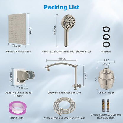 Hibbent All Metal 12'' Filtered Rainfall Shower Head Combo, High Pressure Handheld Shower Head with 16'' Adjustable Extension Arm, 20 Stage Shower Filter, 10-spray, 71'' Shower Hose, Brushed Nickel