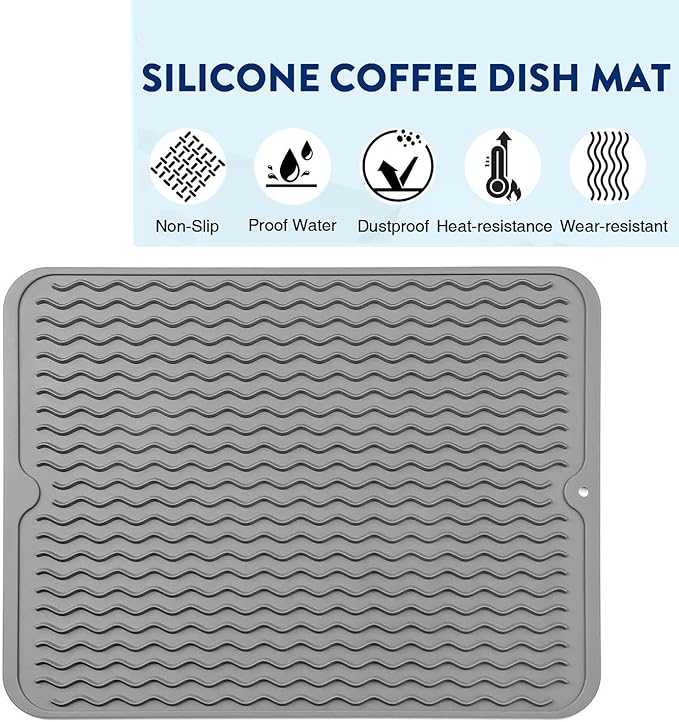 Silicone Dish Drying Mat for Multiple Usage,Easy clean,Eco-friendly,Heat-resistant Silicone Mat for Kitchen Counter or Sink,Refrigerator or Drawer liner Grey L 16 inches x 12 inches
