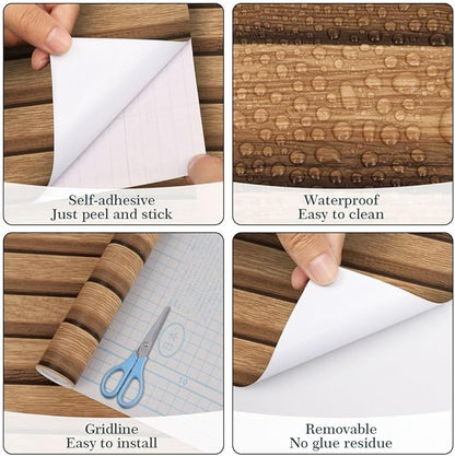 Arthome 17''x120'' Wood Slat Wallpaper, Peel and Stick Self Adhesive Wood Wallpaper PVC Vinyl Decorative Removable Wallpaper Waterproof Faux Wood Grating Stripe Contact Paper for Living Room Bedroom