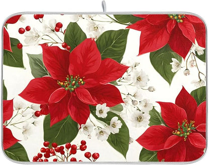 Red Poinsettias with Holly Dish Drying Mat for Kitchen Counter Super Absorbent Drying Mat 16x18 inch Large Dish Drying Matts for Countertop Protector Dishes Pad