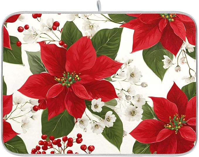 Red Poinsettias with Holly Dish Drying Mat for Kitchen Counter Super Absorbent Drying Mat 18x24 inch Large Dish Drying Matts for Countertop Protector Dishes Pad