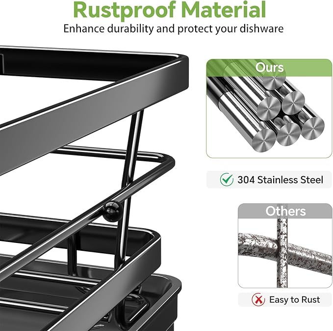 Ekisemio Dish Drying Rack for Kitchen Counter - Large Capacity Dish Drainer with Cutlery Holder & Drip Tray, Space Saving Kitchen Organizer (12x15.7), Black