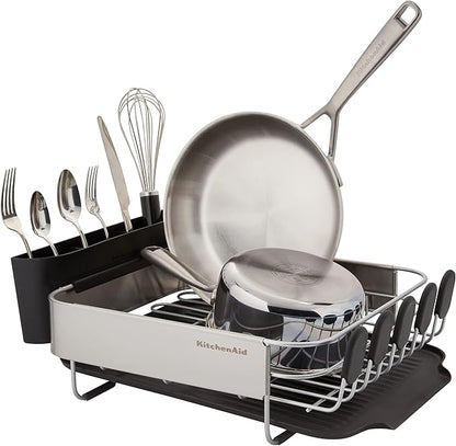KitchenAid Compact, Space Saving Rust Resistant Dish Rack with Removable Flatware Caddy and Angled Self Draining Drainboard, 16.06-Inch, Black