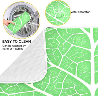 Green Leaf Veins Dish Drying Mat for Kitchen Counter Absorbent Microfiber Drying Pad, Medium 16x18 in