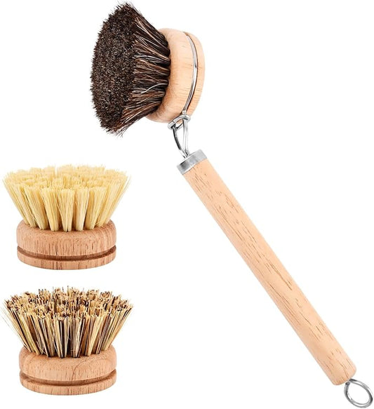 Bamboo Dish Brush with Handle, 3 Natural Bristle Heads (Horsehair, Sisal, Palm) Replaceable Heads, Wooden Dish Brush for Washing and Cleaning Pot Pan Bowl
