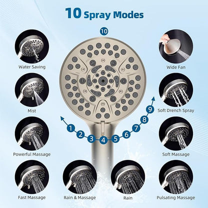 Hibbent All Metal cUPC Certified Shower Head, 8'' High Pressure Rain Shower Head, Handheld Showerhead Combo with 16'' Adjustable Extension Arm, 10 Sprays, 71'' Hose, Showerhead Holder, Brushed Nickel