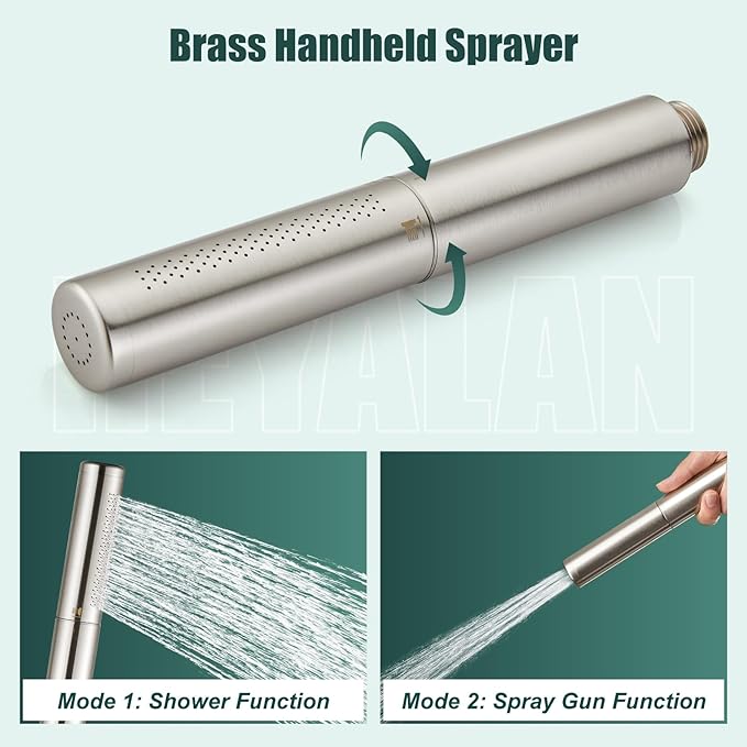 Heyalan Brass 2 in1 Function Handheld Spray Hand Shower High Pressure Handheld Sprinklert Shower Wand with Shower Hose and Adjustable Hand Shower Holder, Brushed Nickel