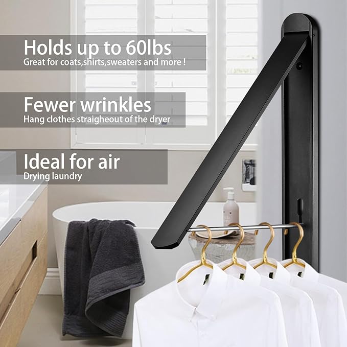 Clothes Drying Rack for Small Laundry Rooms, Clothes Drying Rack Folding Indoor, Wall Mounted Clothes Rack Foldable, (Aluminum, Black)