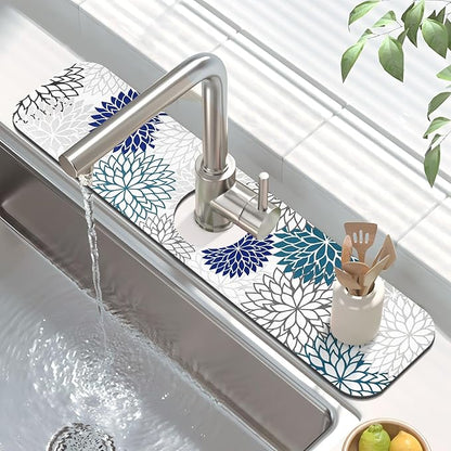 Findosom 2PCS 12" x 20" Dish Drying Mat & 24" x 5.5" Sink Splash Guard, Super Absorbent & Cuttable Dish Mat Drying Kitchen Mat with Blue Floral, Hide Stain Drying Mat for Kitchen Counter