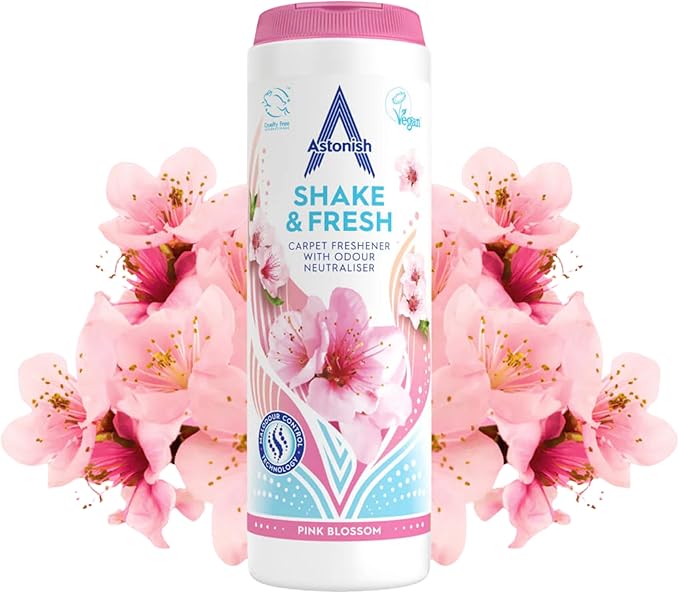 Astonish 350g Shake Fresh Pink Peony Carpet Odor Eliminator Powder - Pet Smell Neutralizer, Vacuum Safe for a Long Lasting Room Scent, Floor Refresher, Home Deodorizer, Soft Floral Fragrance