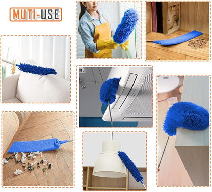 Professional Microfiber Feather Dusters for Cleaning, 6PCS Extendable Bendable Dusters with 100" Telescopic Pole, Washable & Reusable Cleaning Kit for Ceiling Fans, Blinds, Hard-to-Reach Areas (Blue)