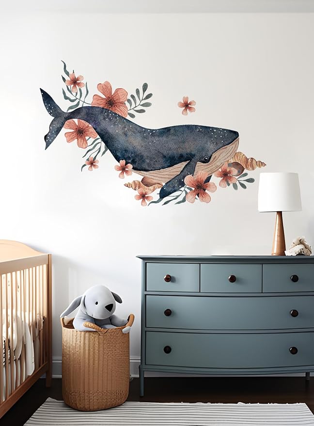 Alwayspon Dark Bule Whale Wall Decals Vinyl Removable Wall Murals Peel and Stick Self Adhesive House Wall Sticker Decor for Bedroom Living Room Nursery