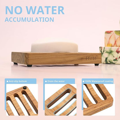 Slotted Bar Soap Holder Teak Wood by HTB, Kitchen Wooden Sponge Holder, Self Draining Soap Dish for Shower, Sink, Bathroom, Bathtub, RV